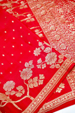 Rose Red Booti Crepe  Handwoven Banarasi Saree