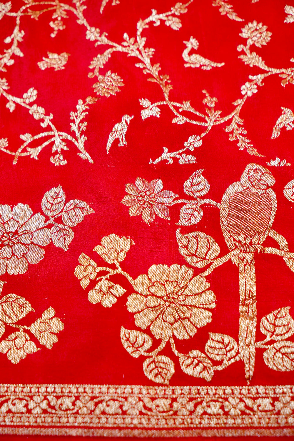 Rose Red Booti Crepe  Handwoven Banarasi Saree