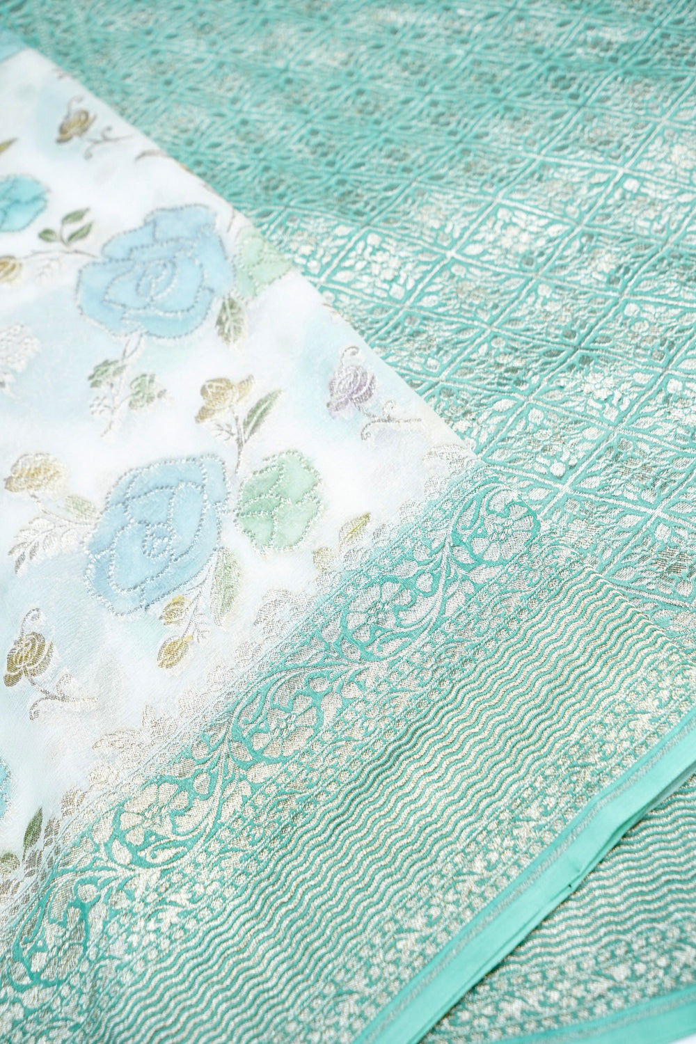 Mint Green Jangla Georgette Khaddi Handwoven Banarasi Saree