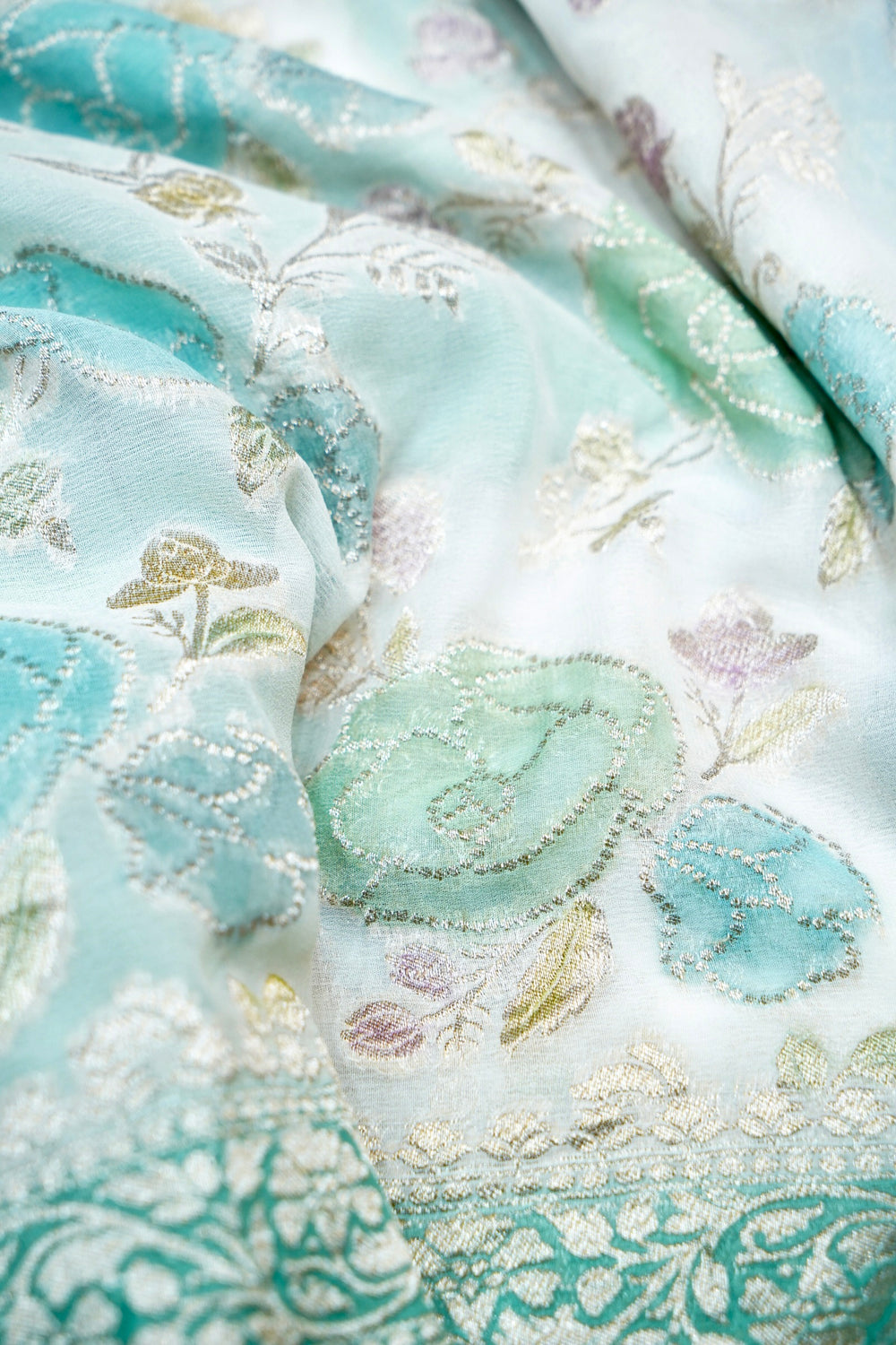 Mint Green Jangla Georgette Khaddi Handwoven Banarasi Saree