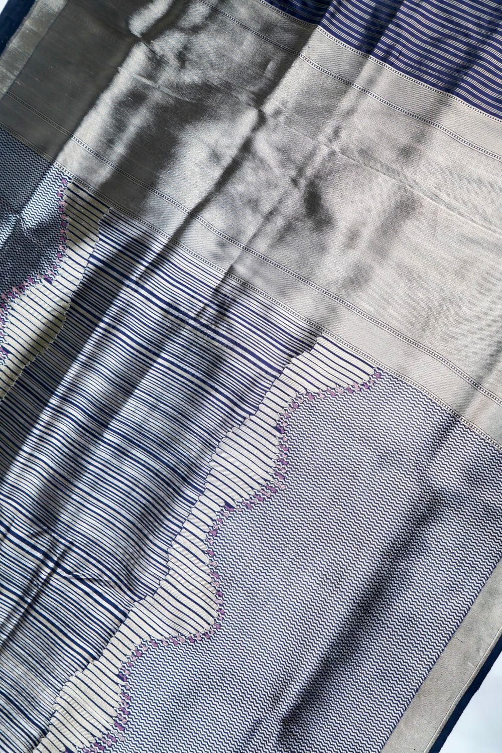 Navy Blue Stripe Katan Silk Handwoven Banarasi Saree