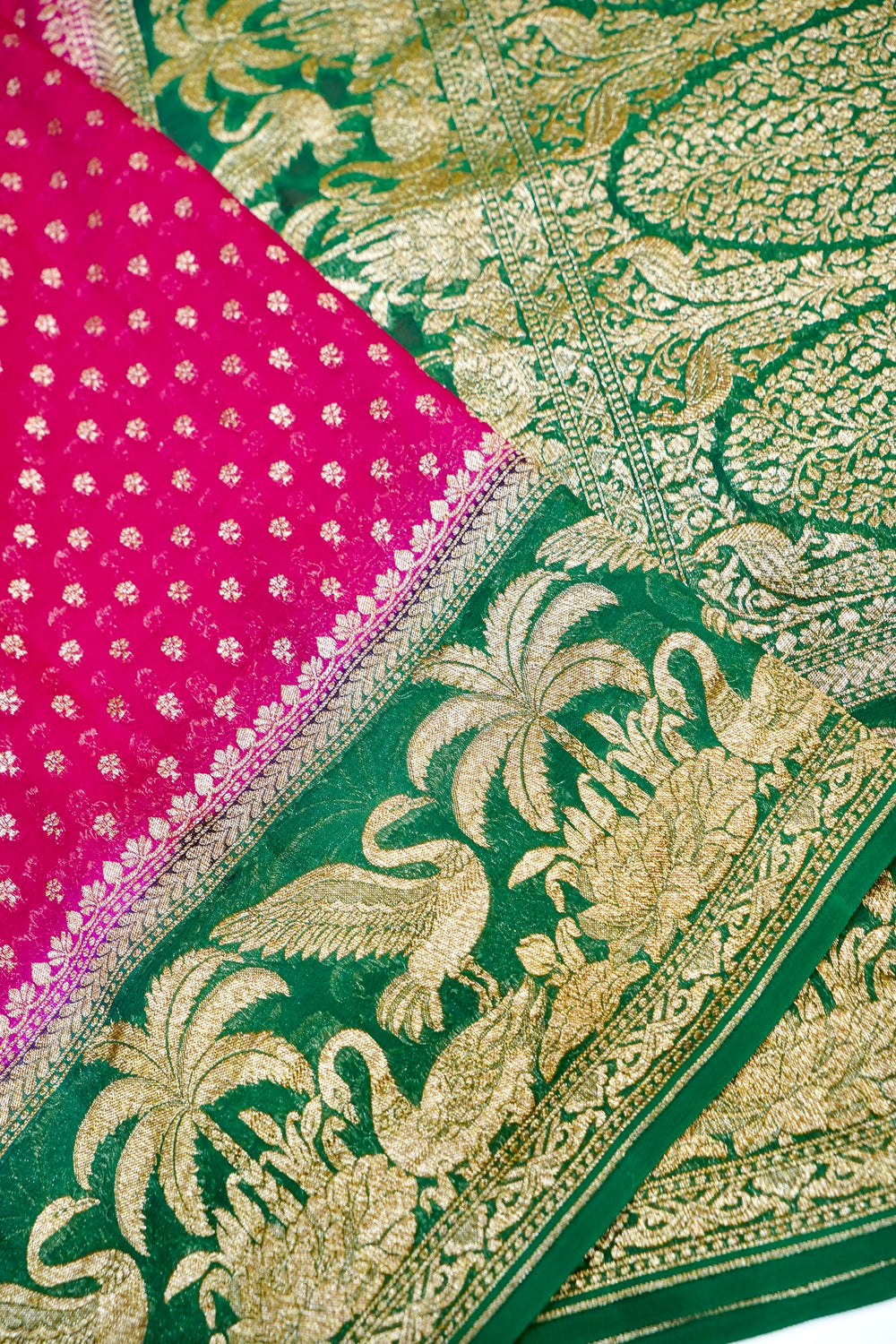 Magenta Pink Booti Crepe  Handwoven Banarasi Saree