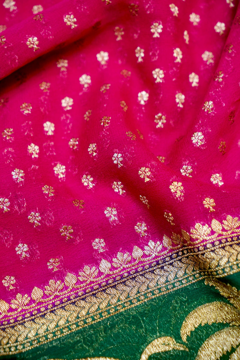 Magenta Pink Booti Crepe  Handwoven Banarasi Saree