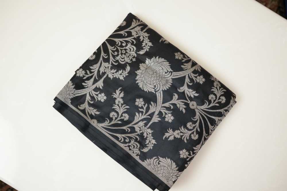 Coal Black Jaal Katan Silk Handwoven Banarasi Co-ord Set