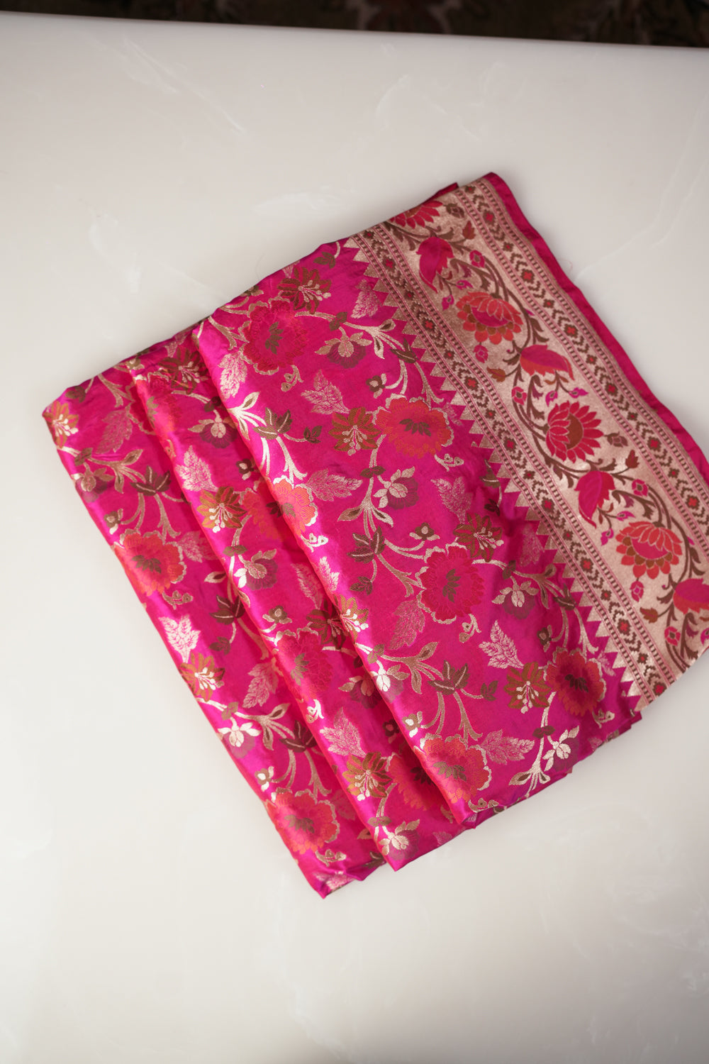 Rose Red Meenakari Jaal Katan Silk Handwoven Banarasi Saree