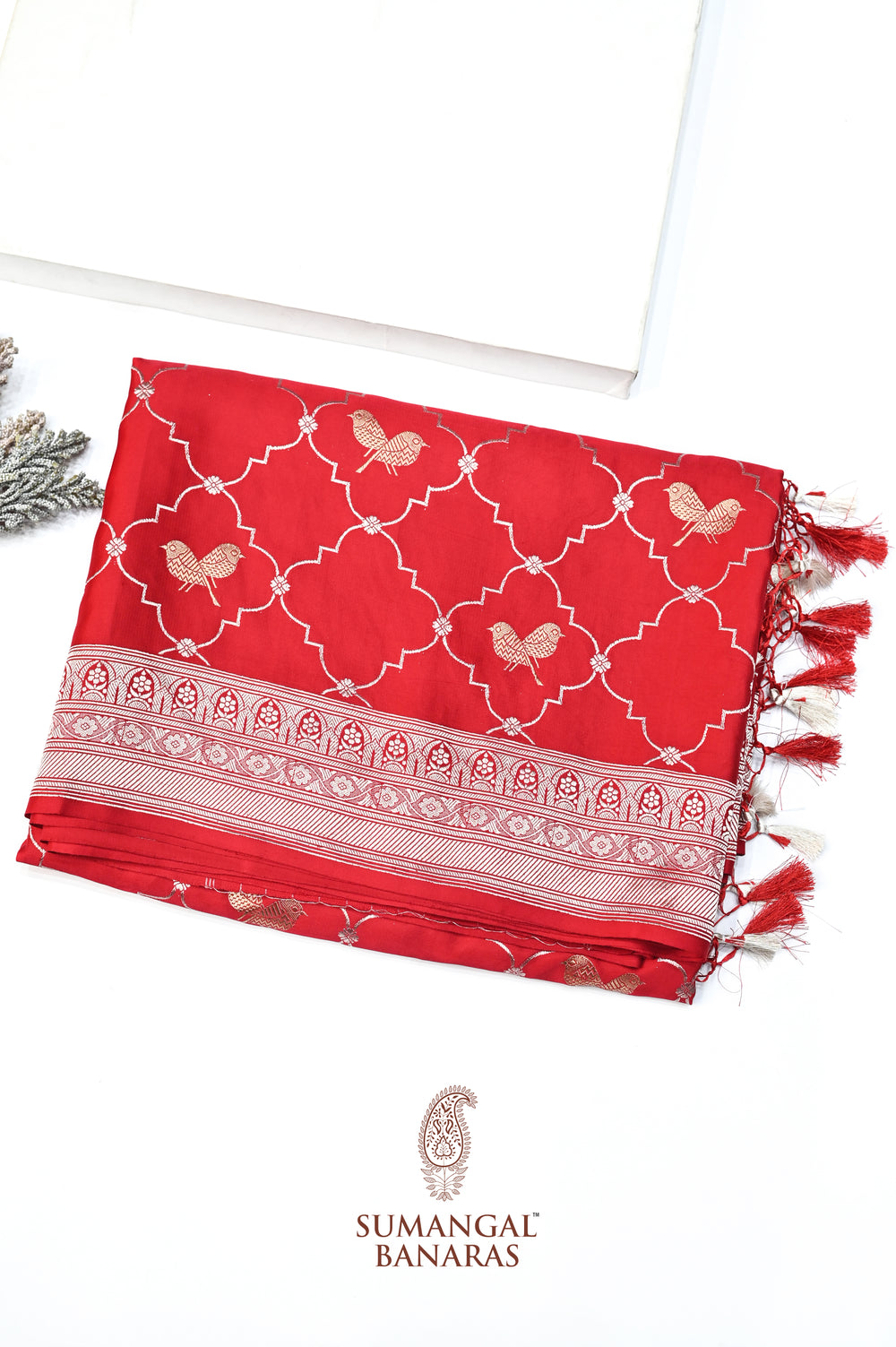 Crimson Red Sona Roopa Mashru Silk  Handwoven Banarasi Saree