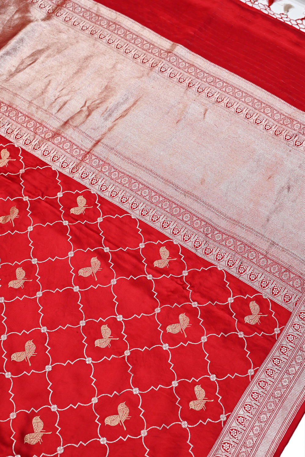 Crimson Red Sona Roopa Mashru Silk  Handwoven Banarasi Saree
