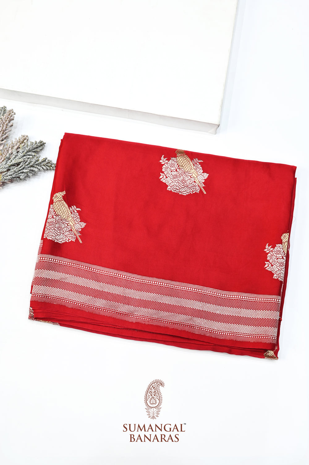 Candy Red Motif Mashru Silk  Handwoven Banarasi Saree