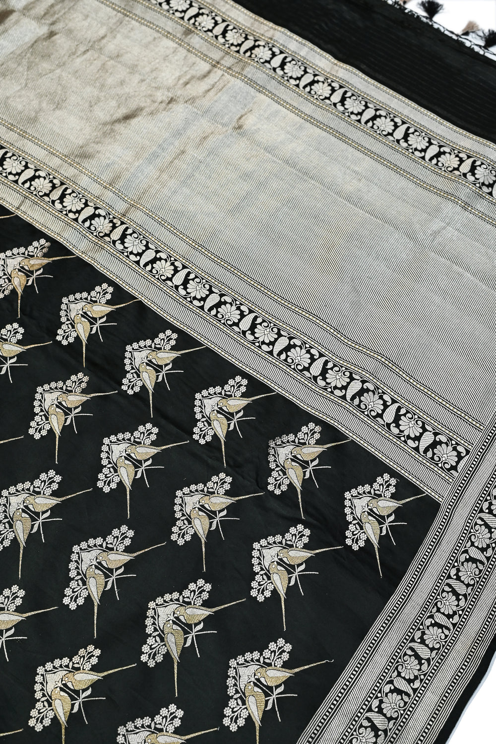 Jet Black Motif Mashru Silk  Handwoven Banarasi Saree