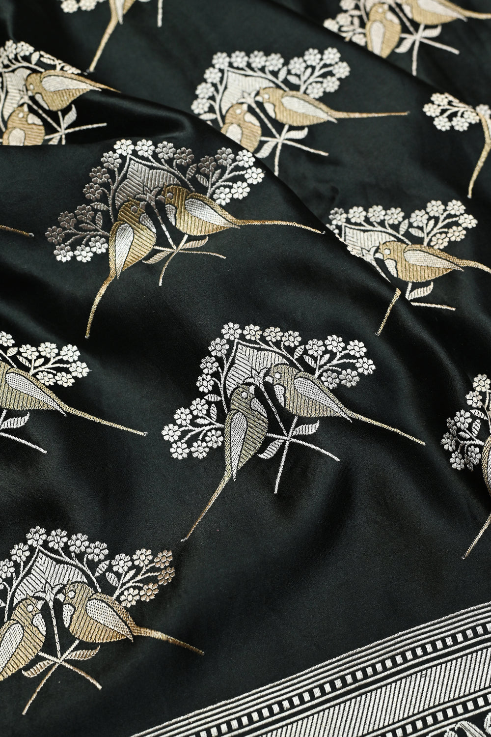 Jet Black Motif Mashru Silk  Handwoven Banarasi Saree