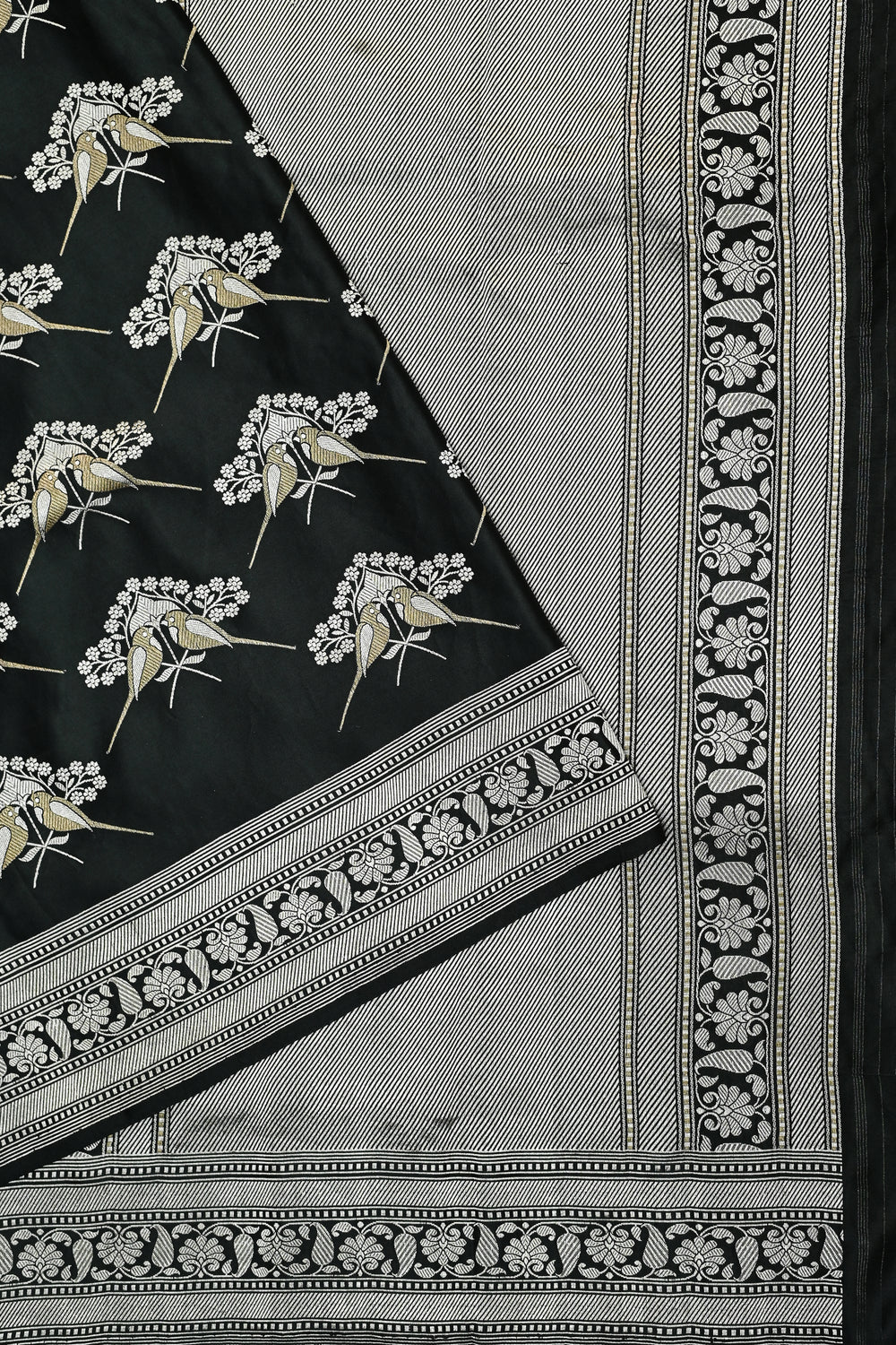 Jet Black Motif Mashru Silk  Handwoven Banarasi Saree
