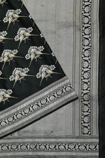 Jet Black Motif Mashru Silk  Handwoven Banarasi Saree