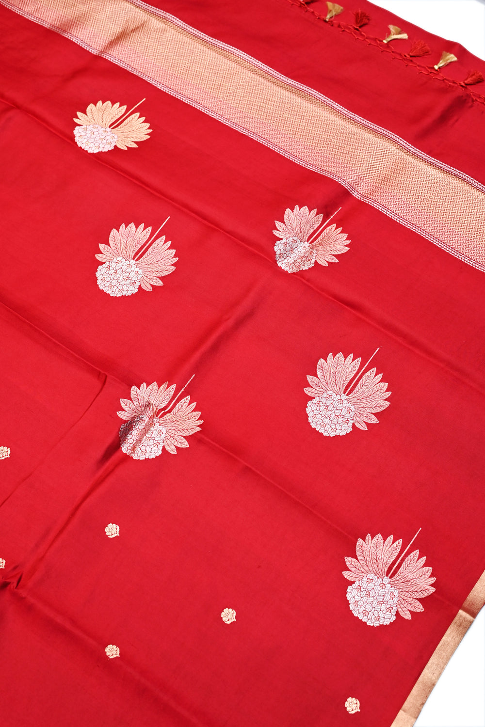 Ruby Red Booti Soft Silk  Handwoven Banarasi Saree