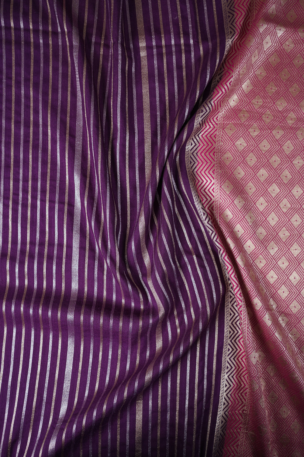 Boysenberry Purple Stripe Moonga Silk Handwoven Banarasi Saree