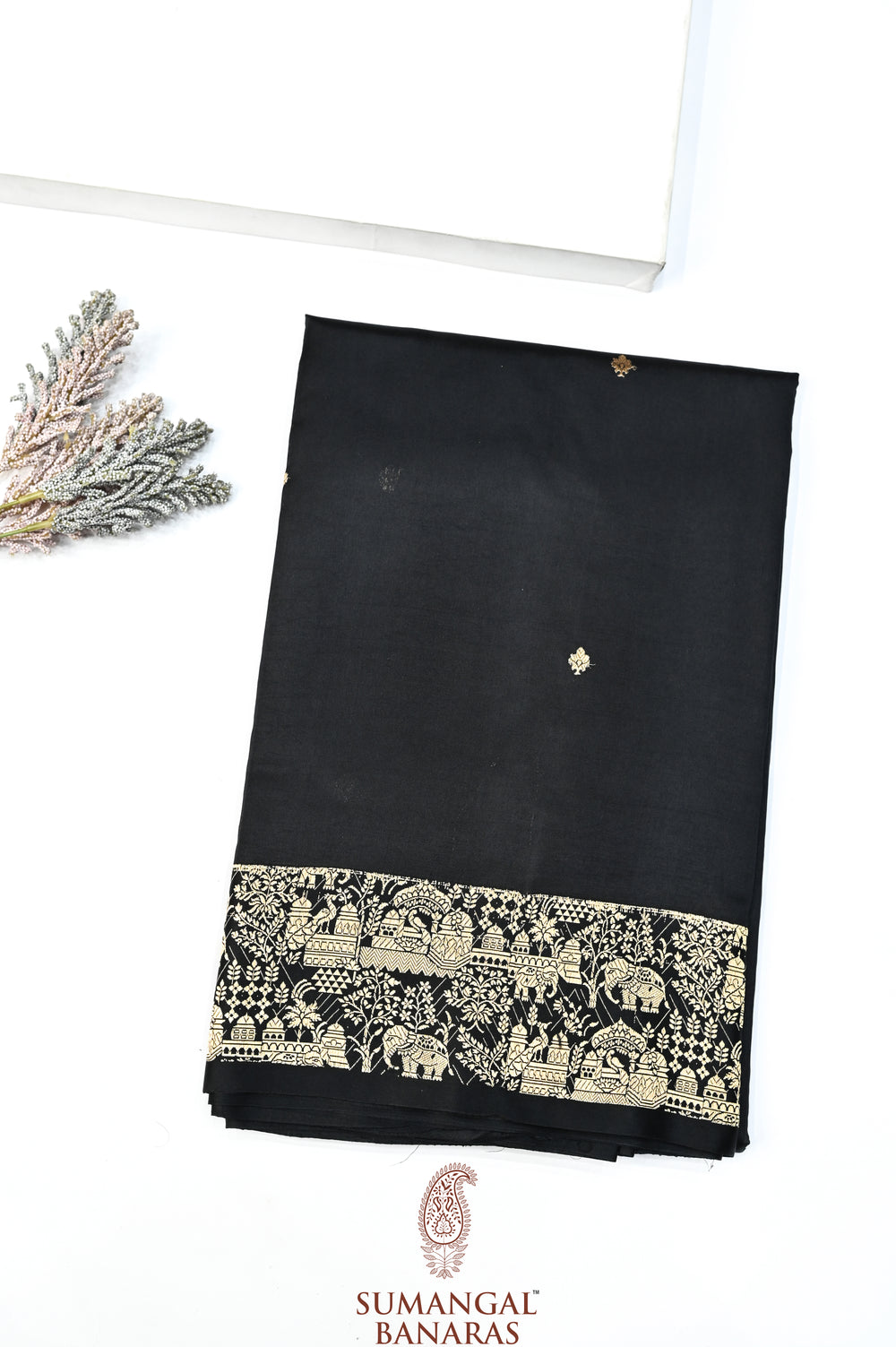 Jet Black Motif Katan Silk Handwoven Banarasi Saree