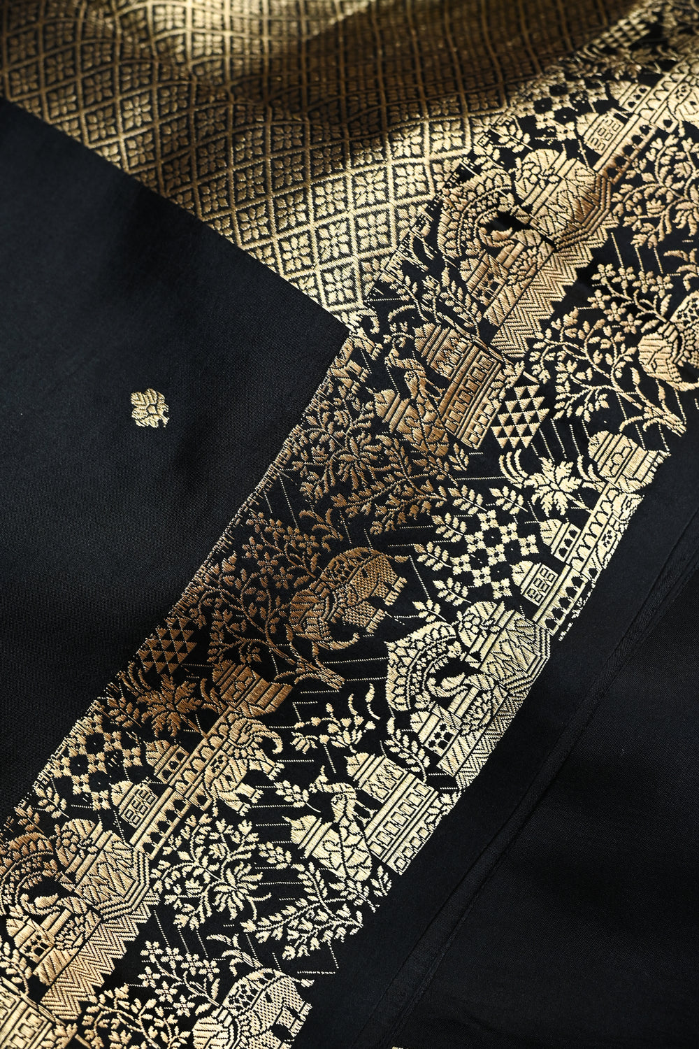 Jet Black Motif Katan Silk Handwoven Banarasi Saree