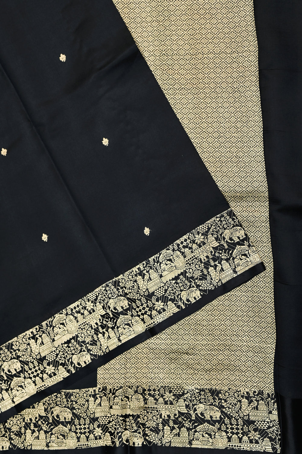 Jet Black Motif Katan Silk Handwoven Banarasi Saree