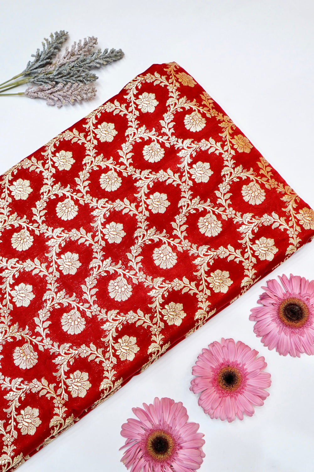 Crimson Red Jaal Satin Silk Handwoven Banarasi Thaan