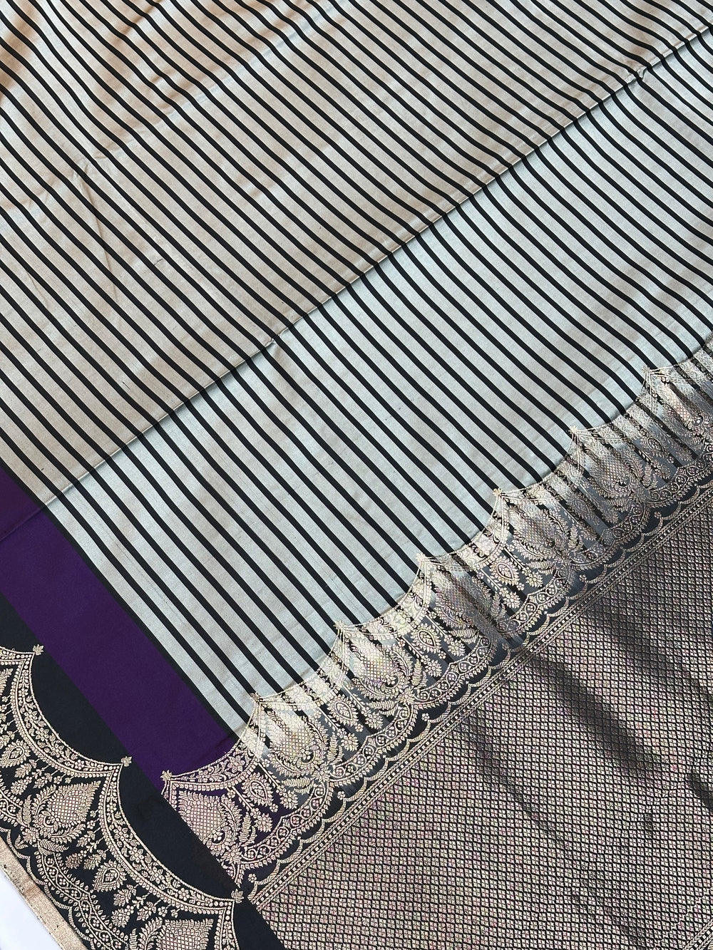 Jade Black Stripe Mashru Silk  Handwoven Banarasi Saree