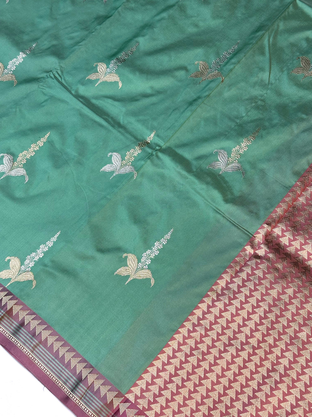 Sage Green Motif Katan Silk Handwoven Banarasi Saree