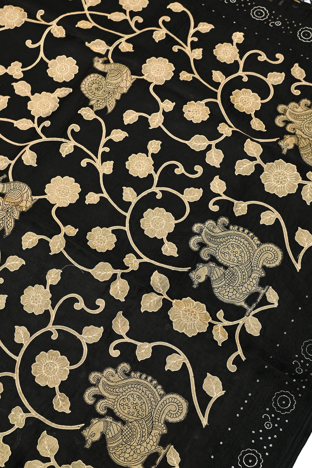 Midnight Black Resham Embroidery Breezy Organza  Handwoven Banarasi Saree