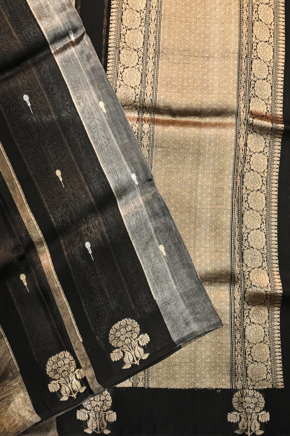 Oynx Black Stripe Katan Tissue Handwoven Banarasi Saree