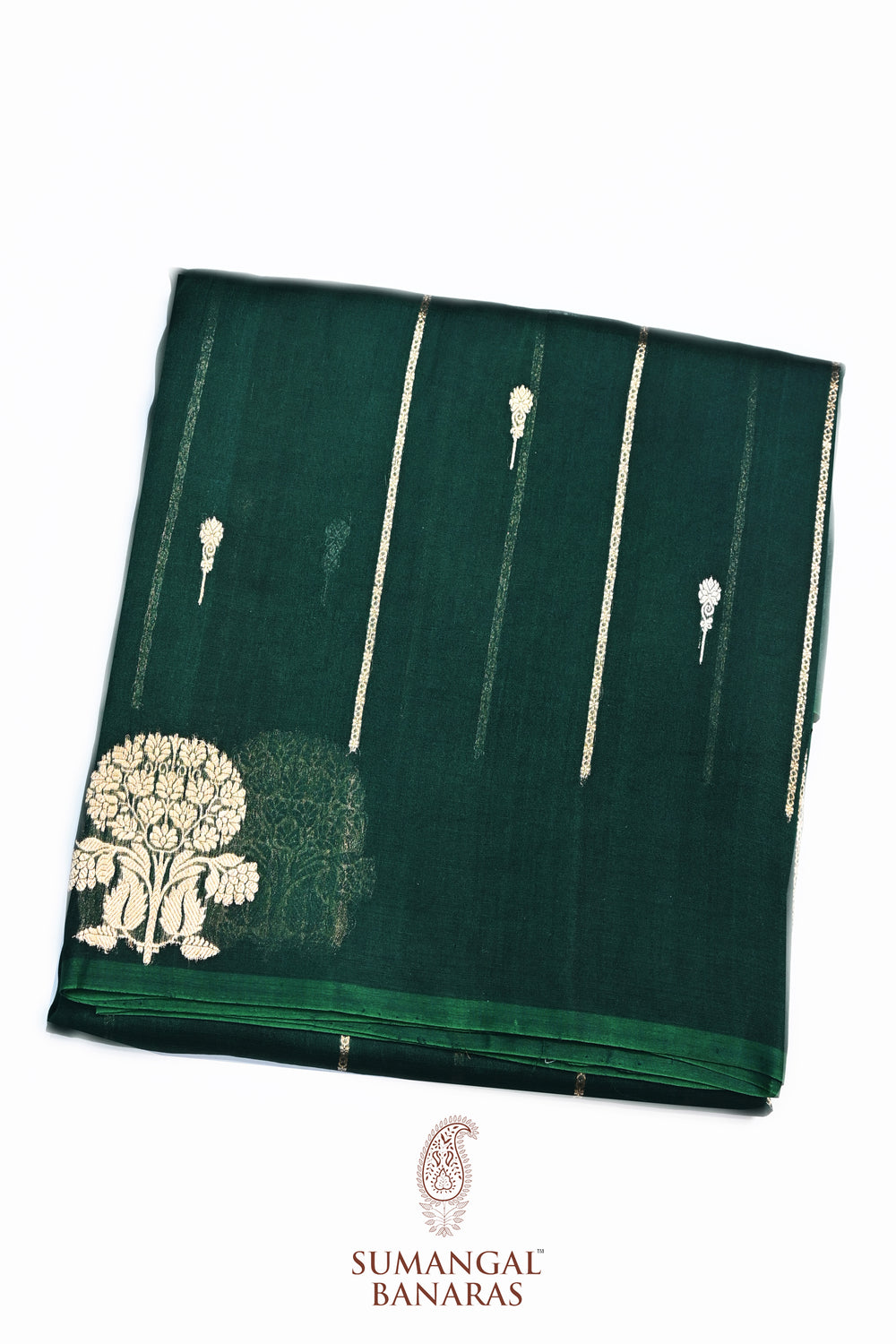 Pine Green Stripe Breezy Organza  Handwoven Banarasi Saree