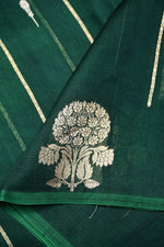 Pine Green Stripe Breezy Organza  Handwoven Banarasi Saree