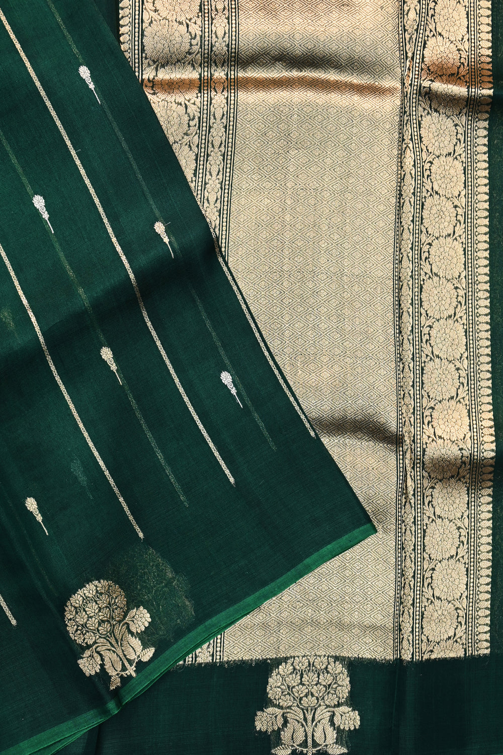 Pine Green Stripe Breezy Organza  Handwoven Banarasi Saree