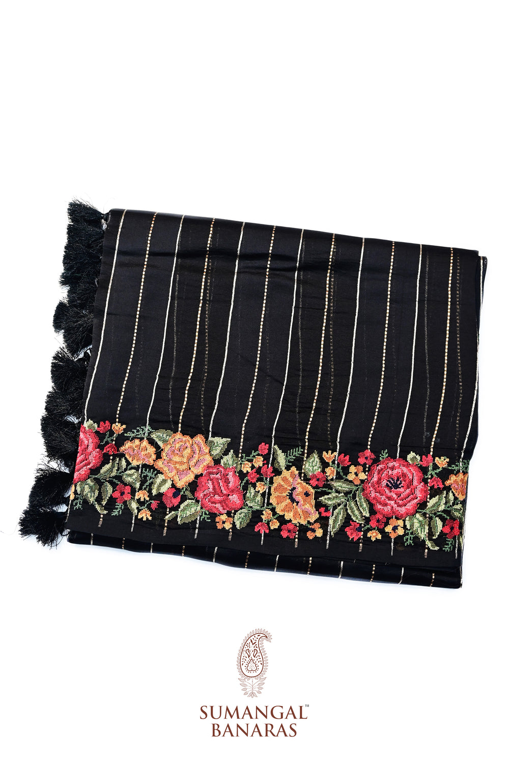 Jade Black Stripe Kora Silk Handwoven Banarasi Saree