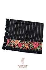 Jade Black Stripe Kora Silk Handwoven Banarasi Saree