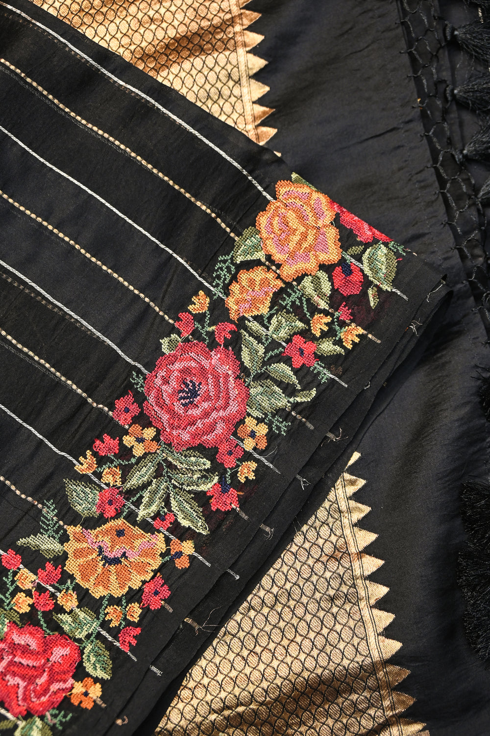 Jade Black Stripe Kora Silk Handwoven Banarasi Saree