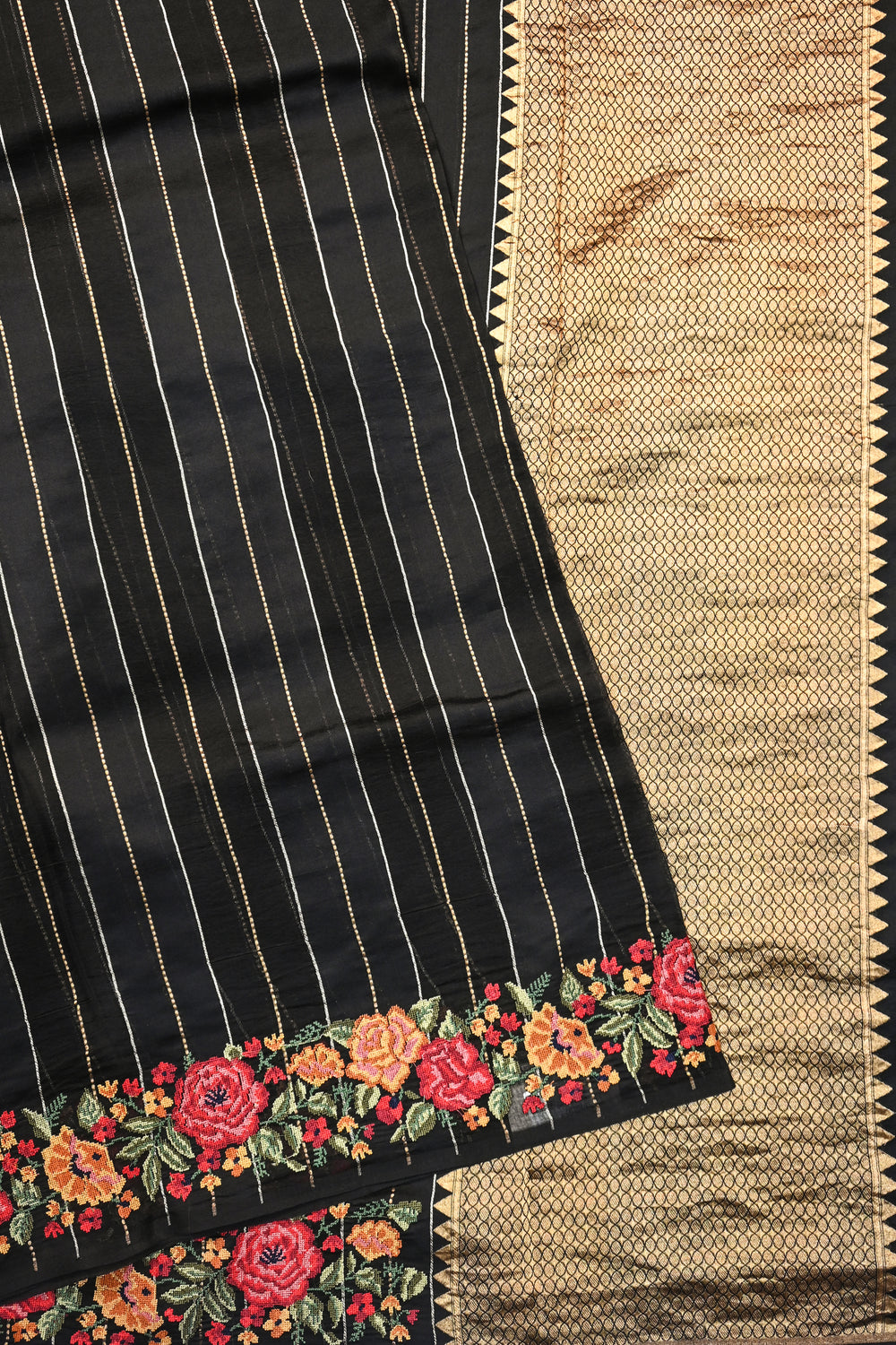 Jade Black Stripe Kora Silk Handwoven Banarasi Saree