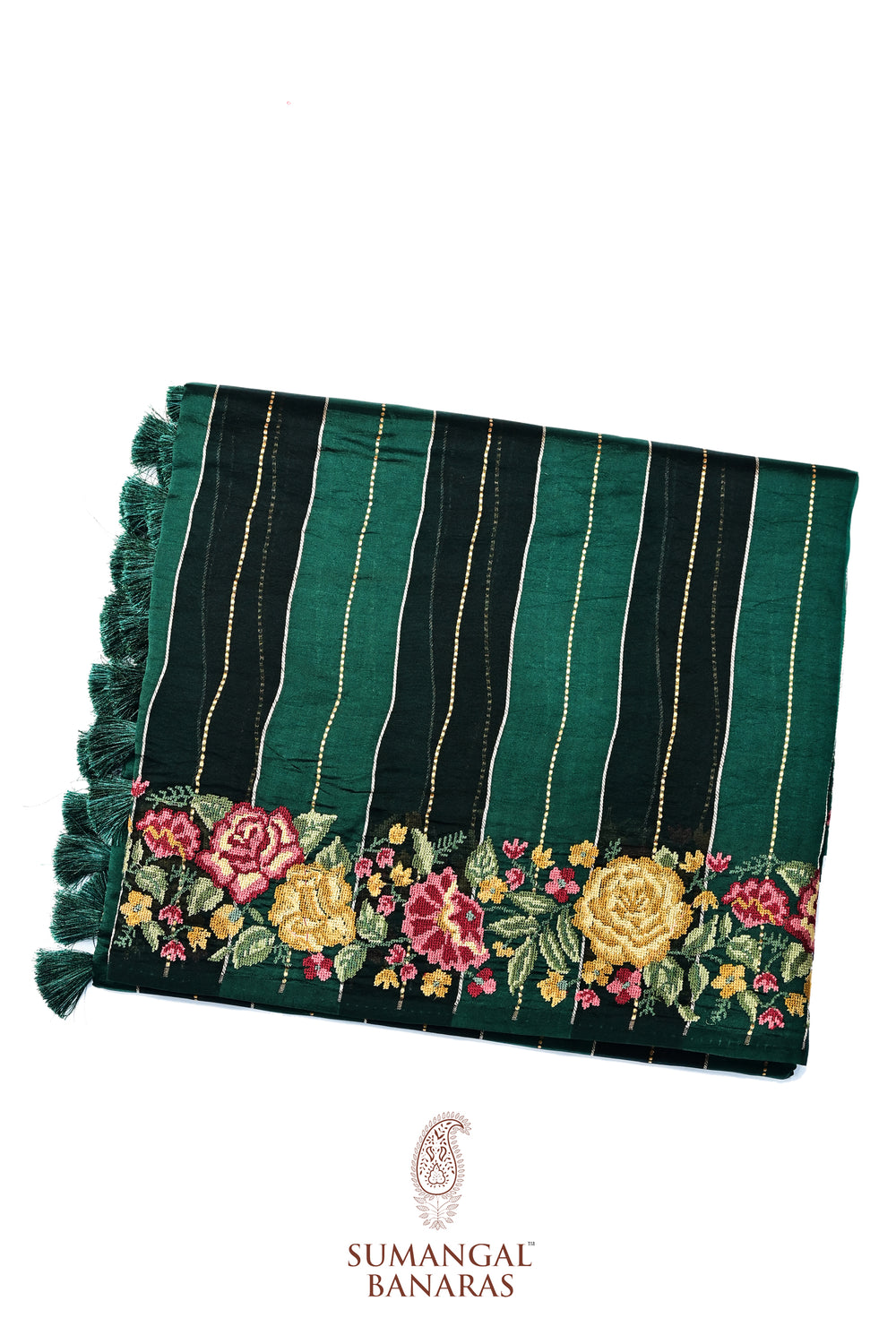 Pine Green Stripe Kora Silk Handwoven Banarasi Saree