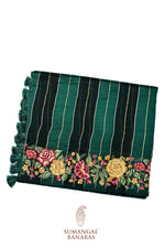 Pine Green Stripe Kora Silk Handwoven Banarasi Saree