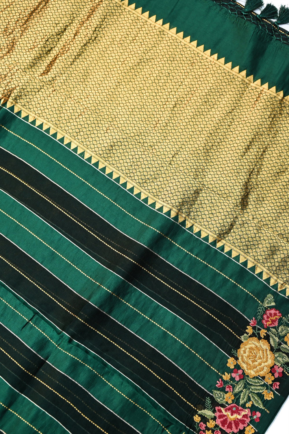 Pine Green Stripe Kora Silk Handwoven Banarasi Saree
