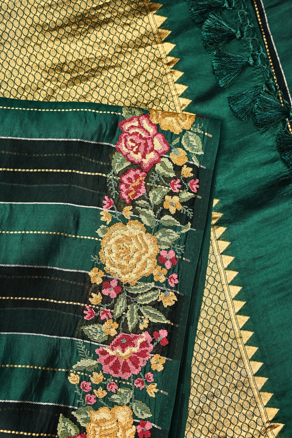 Pine Green Stripe Kora Silk Handwoven Banarasi Saree