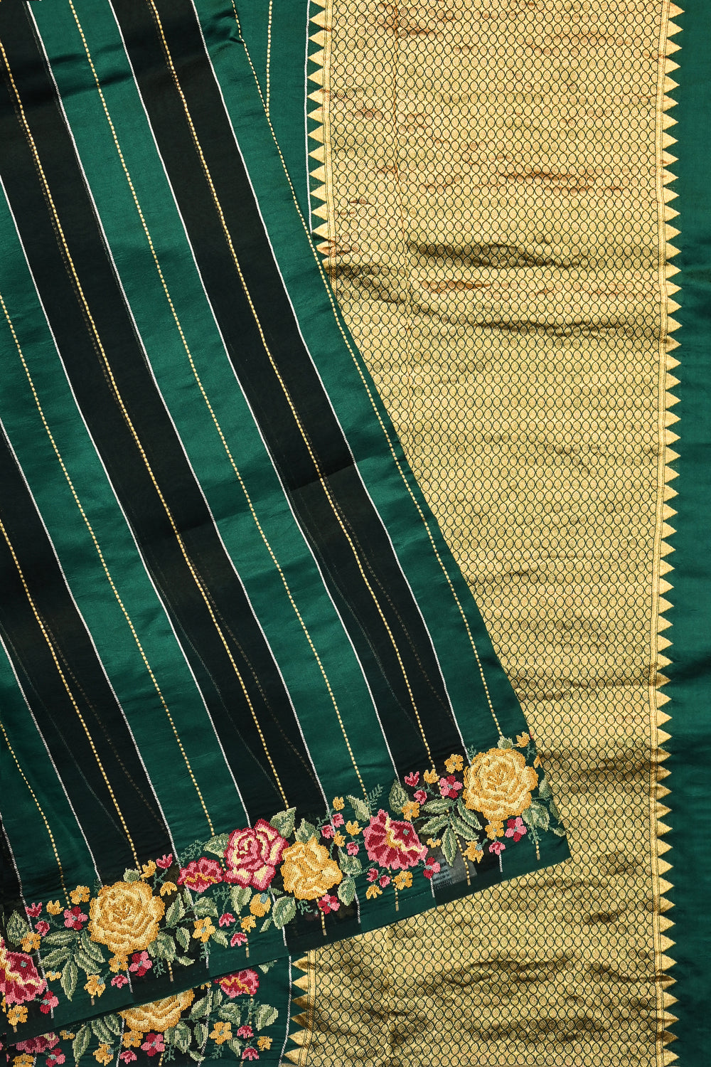 Pine Green Stripe Kora Silk Handwoven Banarasi Saree