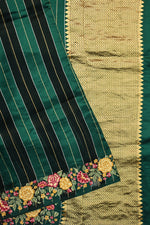 Pine Green Stripe Kora Silk Handwoven Banarasi Saree