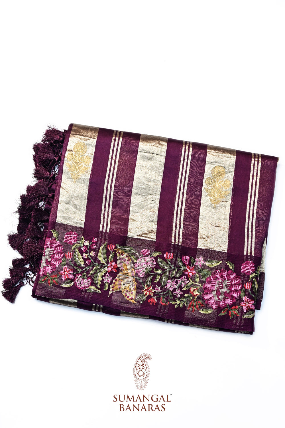 Plum Purple Stripe Tissue Silk  Handwoven Banarasi Saree
