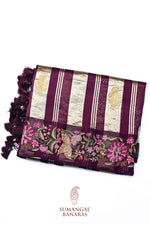 Plum Purple Stripe Tissue Silk  Handwoven Banarasi Saree