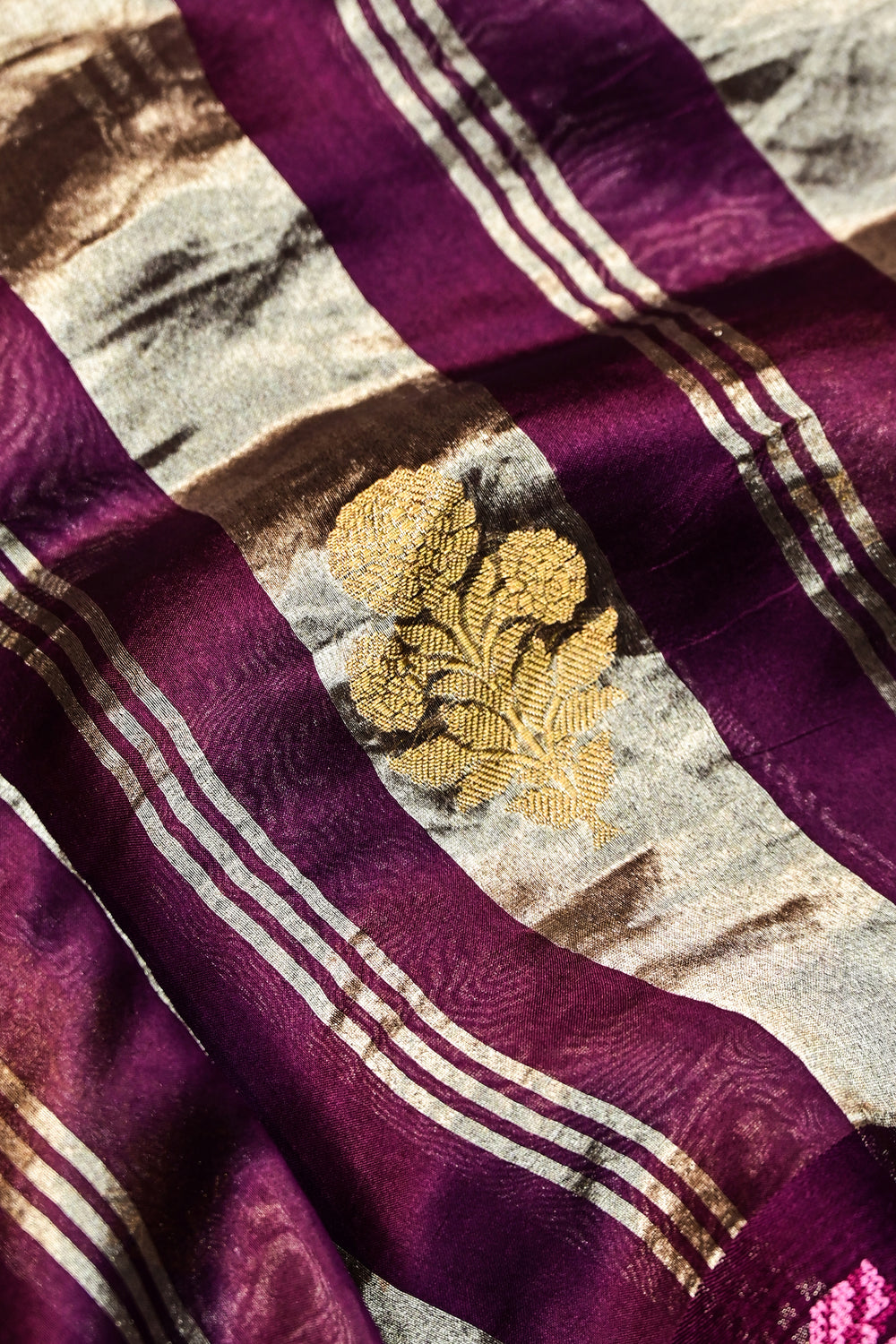 Plum Purple Stripe Tissue Silk  Handwoven Banarasi Saree