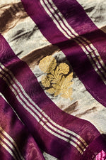 Plum Purple Stripe Tissue Silk  Handwoven Banarasi Saree