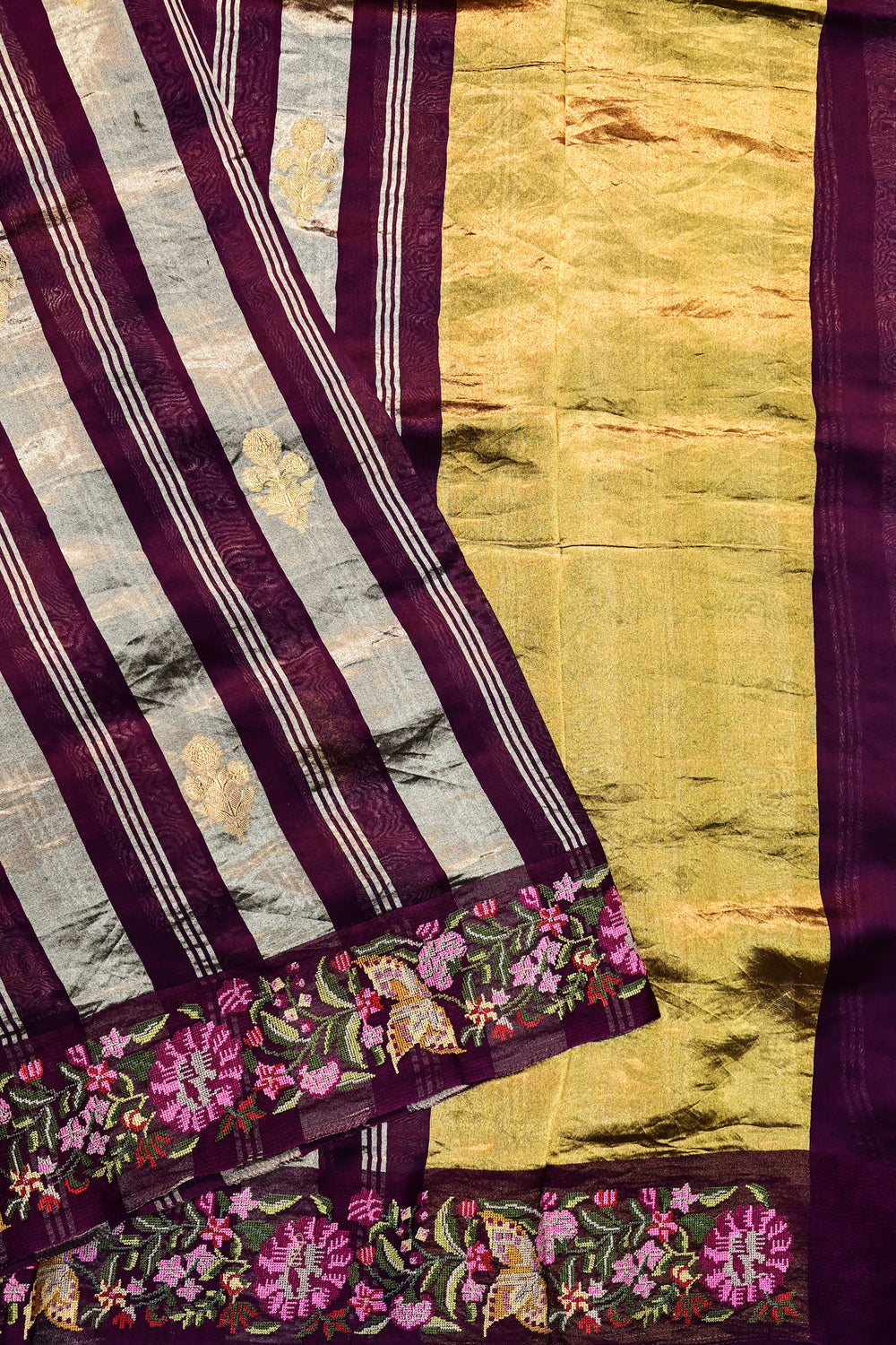 Plum Purple Stripe Tissue Silk  Handwoven Banarasi Saree