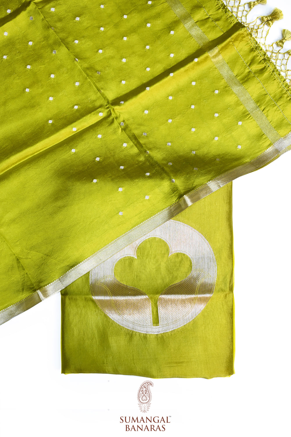 Chartreuse Green Motif Soft Silk  Handwoven Banarasi Suit
