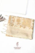 Cream White Resham Embroidery Breezy Organza  Handwoven Banarasi Saree