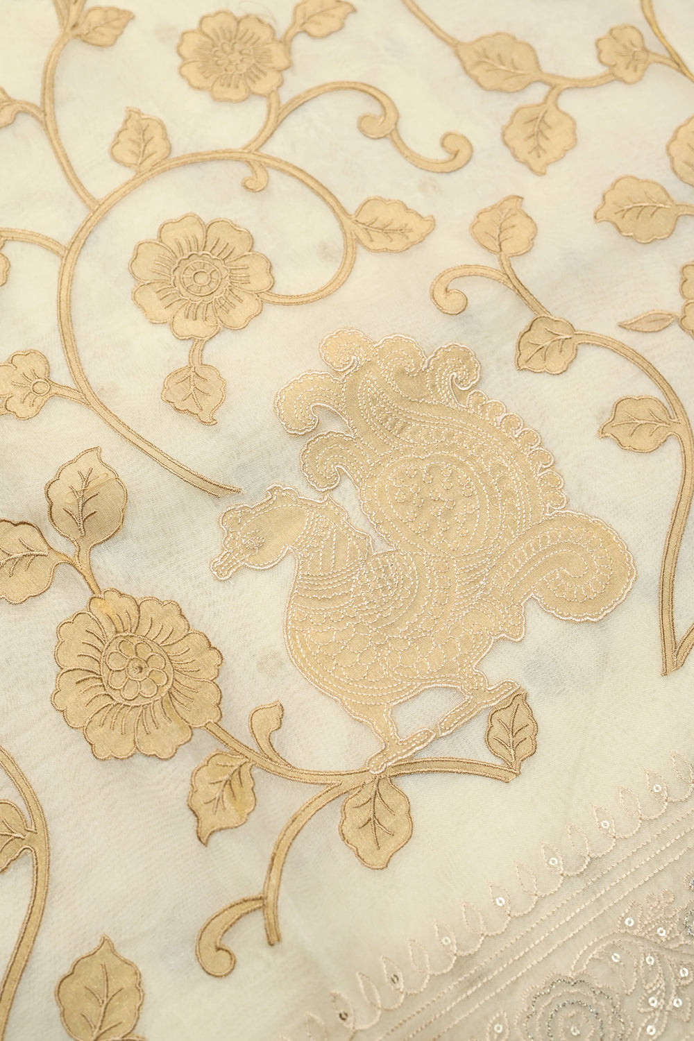 Cream White Resham Embroidery Breezy Organza  Handwoven Banarasi Saree