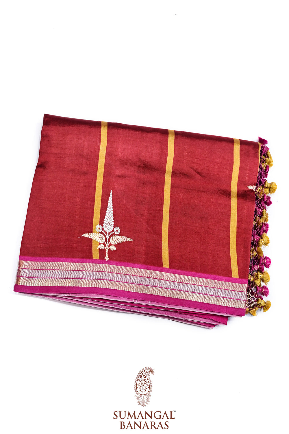 Rose Red Motif Katan Silk Handwoven Banarasi Saree