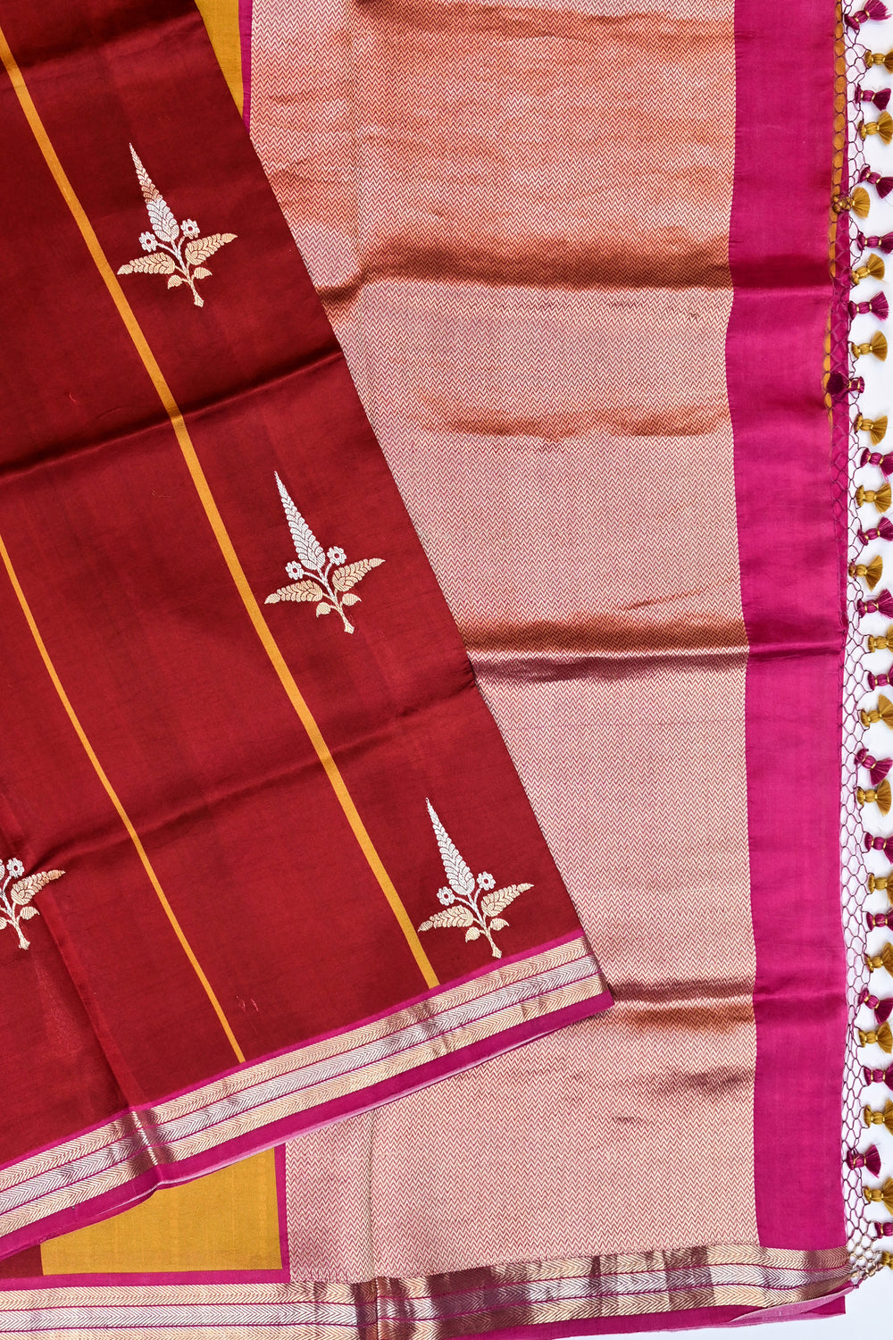 Rose Red Motif Katan Silk Handwoven Banarasi Saree
