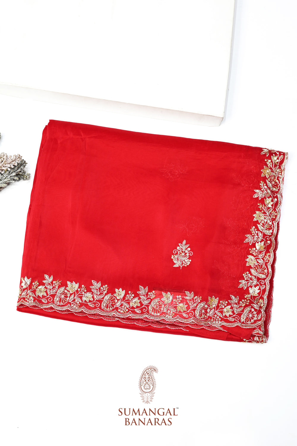 Rose Red Motif Breezy Organza  Designer Sarees